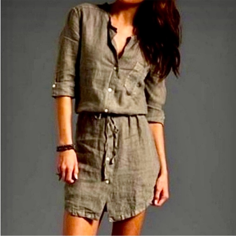 James Perse 100% linen button front dress with ties waist